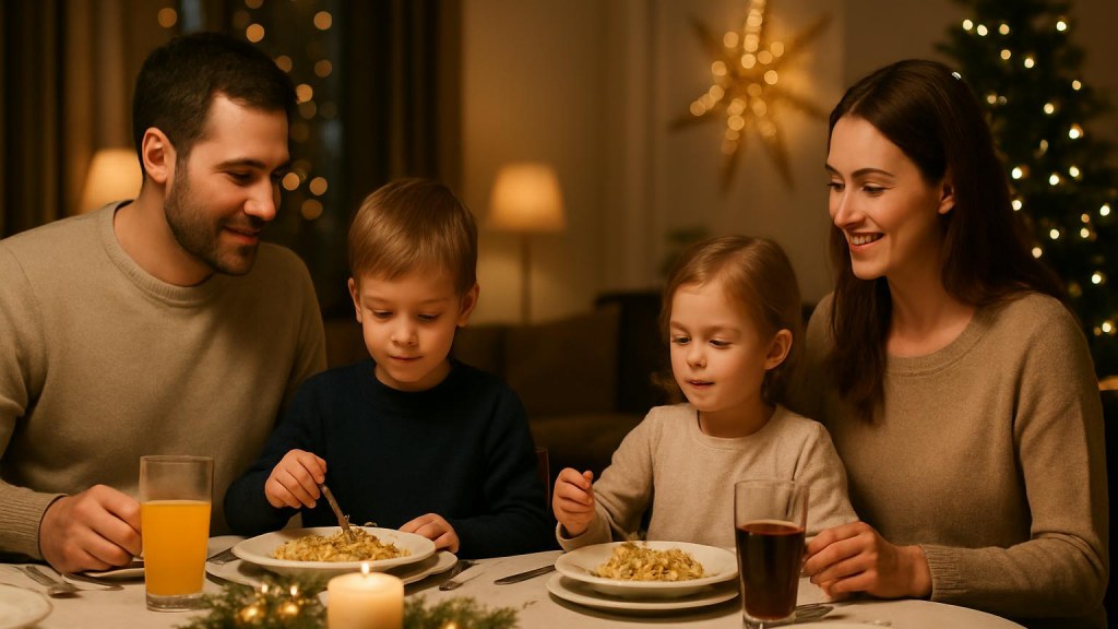 Famiglia con bambini in ambiente accogliente per Capodanno
